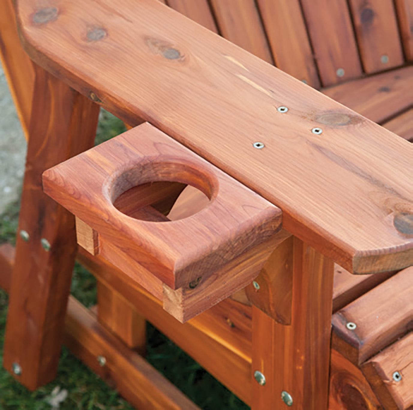 Amish-made Cedar Patio Furniture. Adirondack Loveseat Glider with Cupholder.